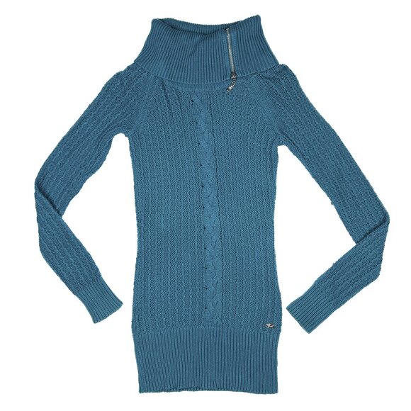 Guess Cable Knit Bodycon Teal Sweater Dress Turtleneck with Zipper Sz XS - NWOT - Picture 2 of 9